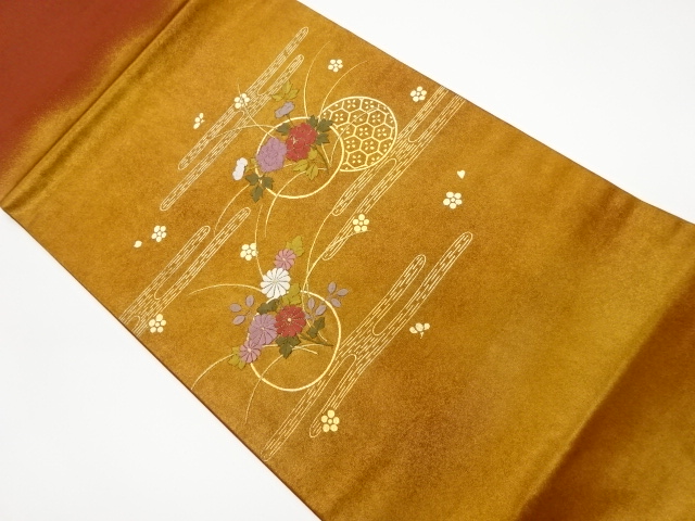 金彩ヱ霞に丸文・秋草模様刺繍開き名古屋帯（額縁仕立て）